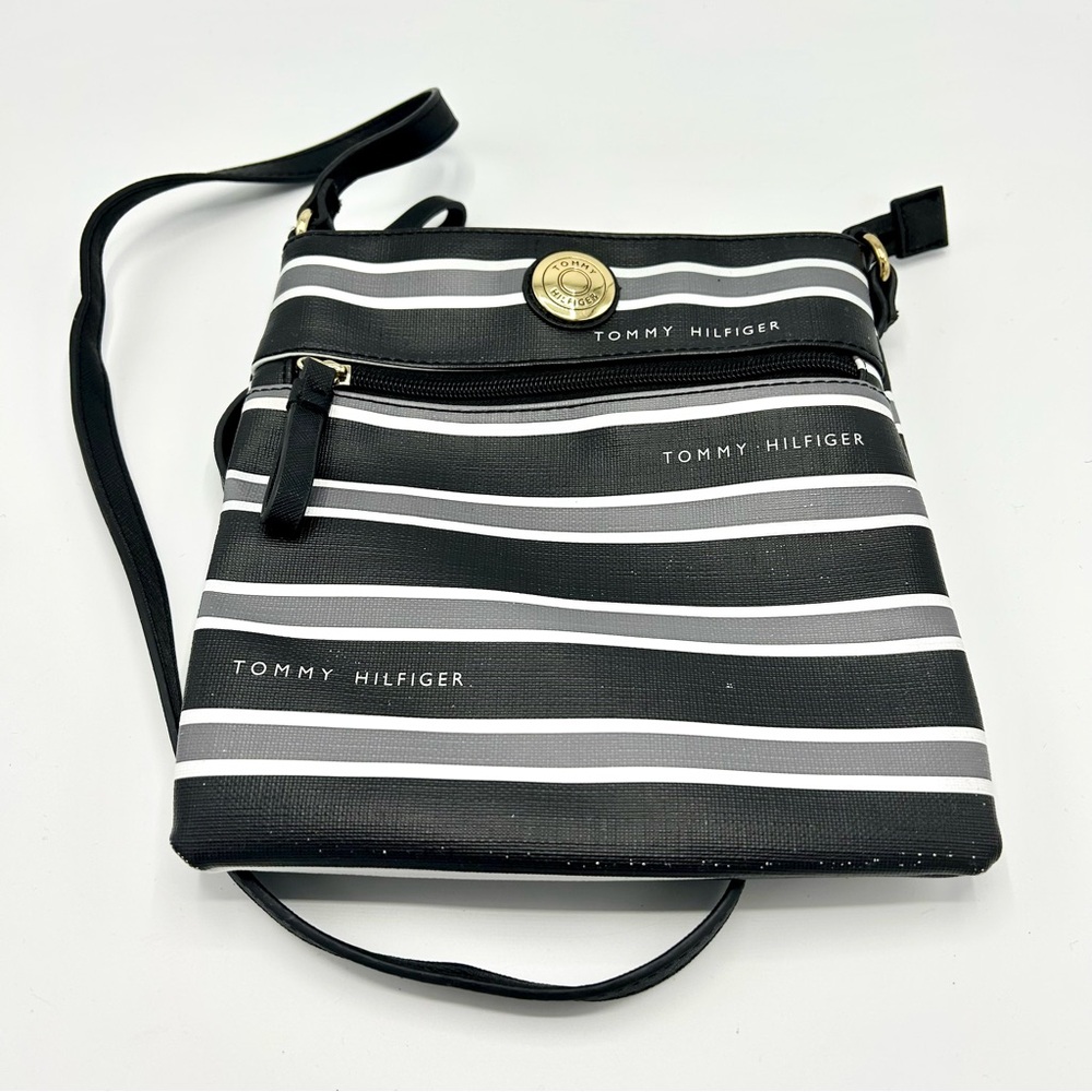 Tommy Hilfiger Crossbody Purse Bag 2 Zipper Body Bag Black Gray Striped